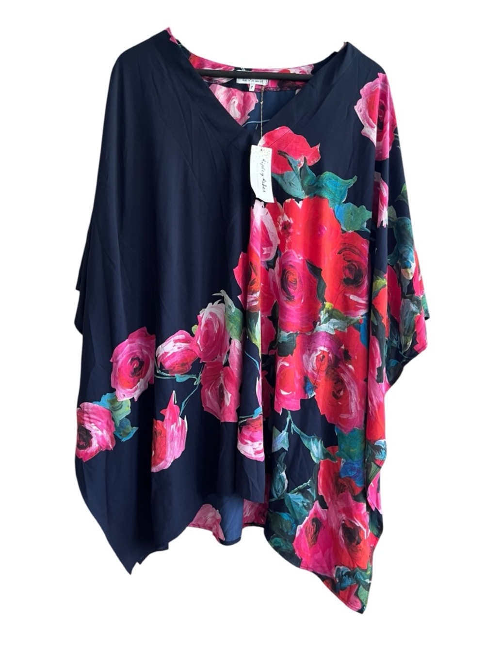 Ripley Rader Navy Pink Rose Floral V-Neck Mini Caftan Top - Size 1 XS/S